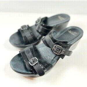 Dansko Jessie Sandals Black Leather Lizard Slip On Slide Heels Buckle 40 US 9.5